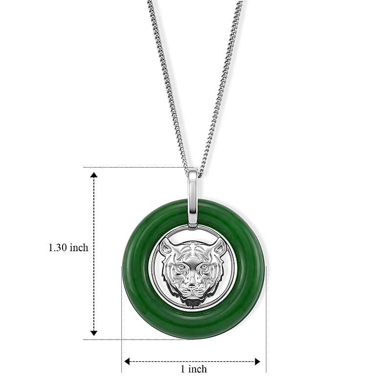 D'Joy Green Jade (D) 21.00 ctw Lion Heart Engraved Pendant Necklace (18 Inches) in Rhodium Over Sterling Silver