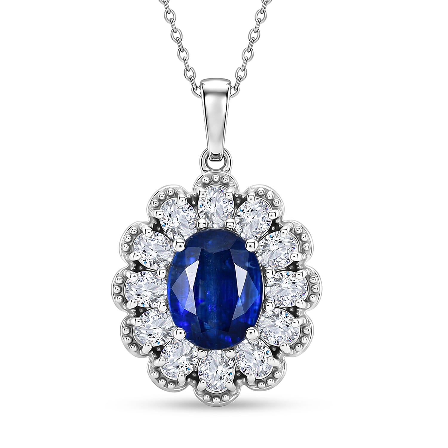 D'Joy Premium Kashmir Kyanite and Moissanite 5.60 ctw Majestic Bloom Pendant Necklace in Rhodium Over Sterling Silver 20 Inches