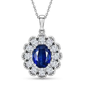 D'Joy Premium Kashmir Kyanite and Moissanite 5.60 ctw Majestic Bloom Pendant Necklace in Rhodium Over Sterling Silver 20 Inches