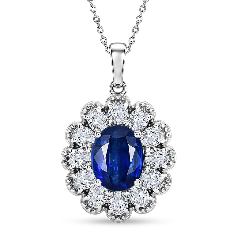 D'Joy Premium Kashmir Kyanite and Moissanite 5.60 ctw Majestic Bloom Pendant Necklace in Rhodium Over Sterling Silver 20 Inches