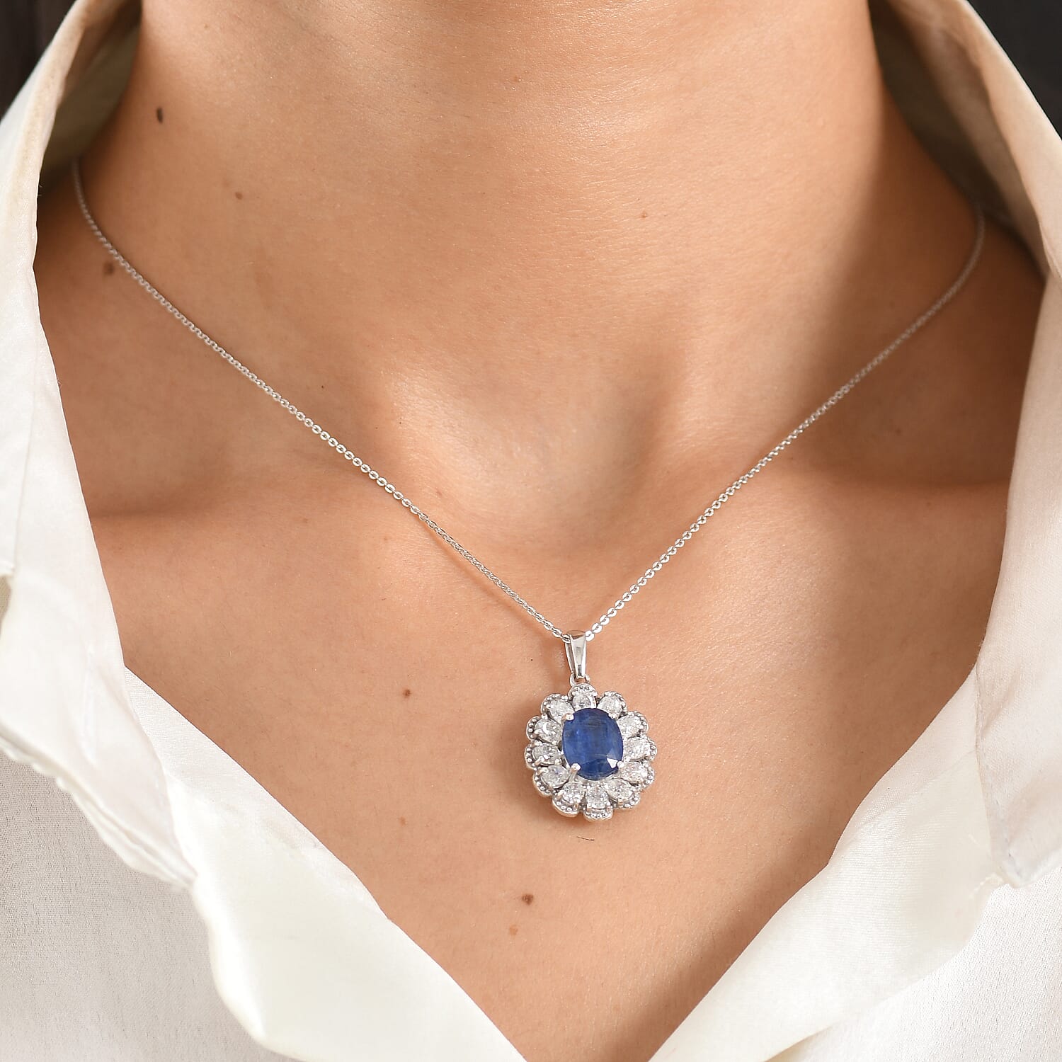 D'Joy Premium Kashmir Kyanite and Moissanite 5.60 ctw Majestic Bloom Pendant Necklace in Rhodium Over Sterling Silver 20 Inches