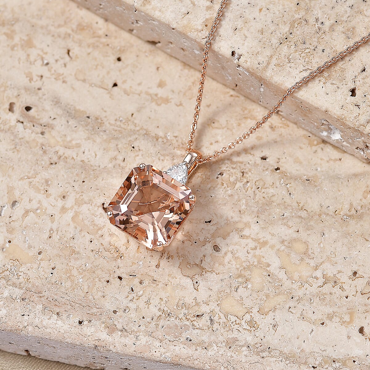 SGL Certified Asscher Cut AAA Marropino Morganite and Luxuriant Lab Grown Diamond E-F VS 7.80 ctw Blush Royale Pendant Necklace in 10K Rose Gold 20 Inches image number 1