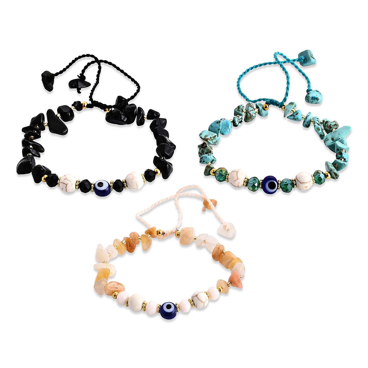 SET OF 3 - Rough Stone Adjustable Beaded Bracelet with Evil Eye Charm