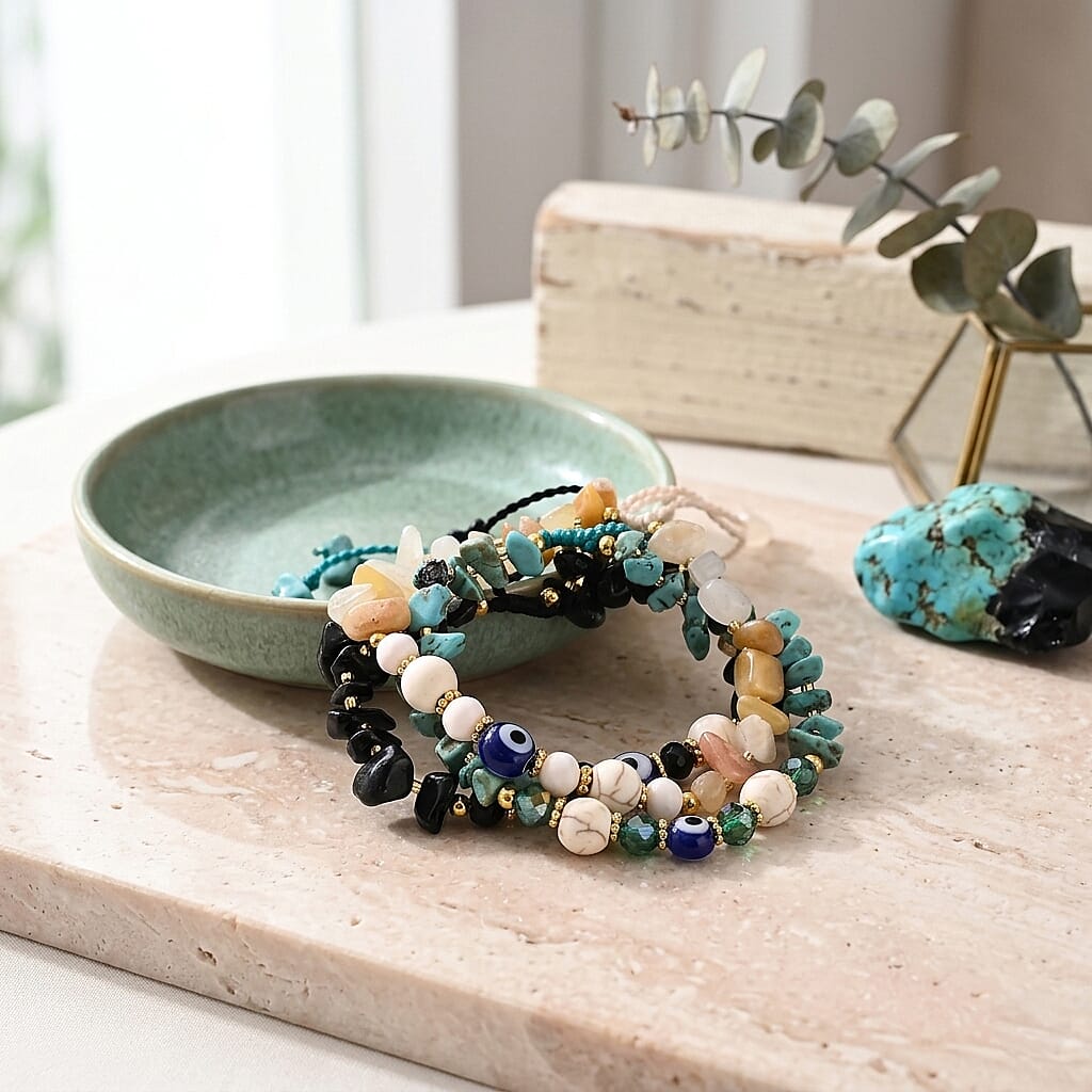 SET OF 3 - Rough Stone Adjustable Beaded Bracelet with Evil Eye Charm