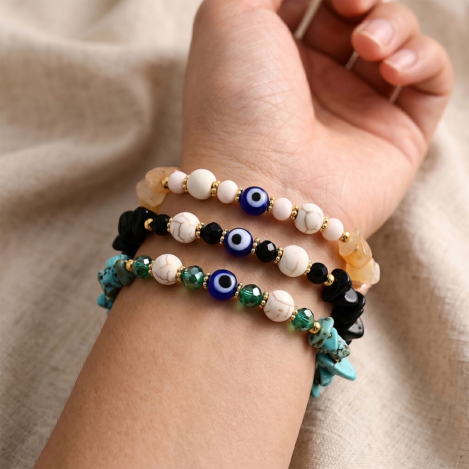 SET OF 3 - Rough Stone Adjustable Beaded Bracelet with Evil Eye Charm