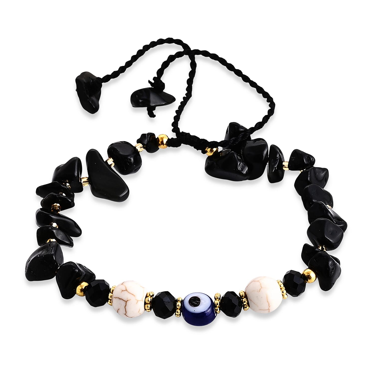 SET OF 3 - Rough Stone Adjustable Beaded Bracelet with Evil Eye Charm