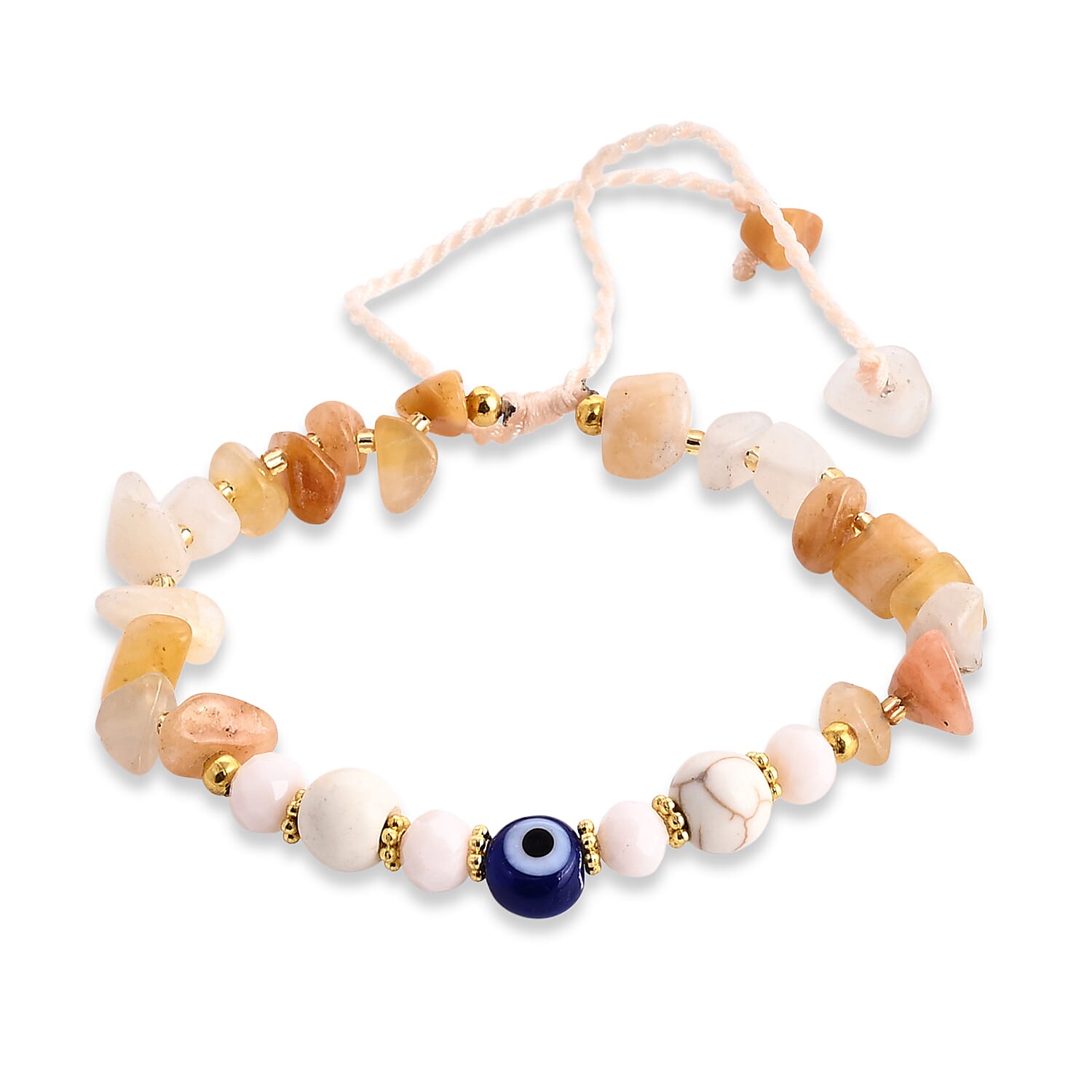SET OF 3 - Rough Stone Adjustable Beaded Bracelet with Evil Eye Charm
