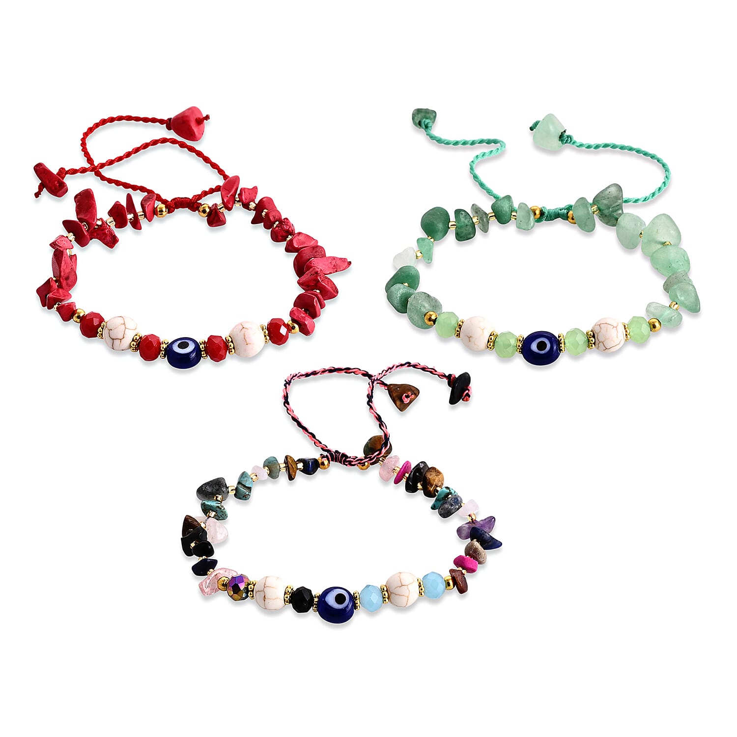 SET OF 3 - Rough Stone Adjustable Beaded Bracelet with Evil Eye Charm