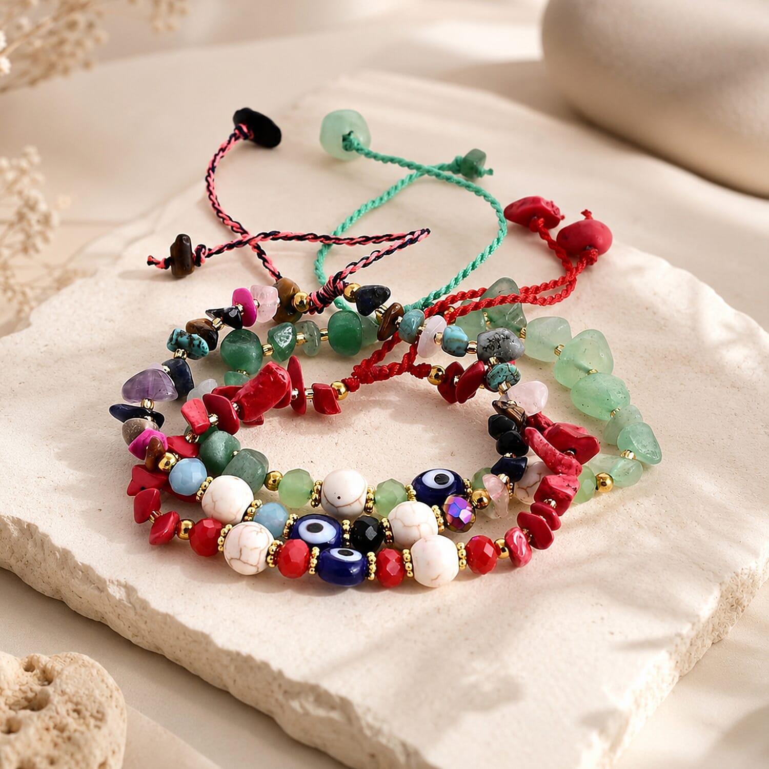 SET OF 3 - Rough Stone Adjustable Beaded Bracelet with Evil Eye Charm