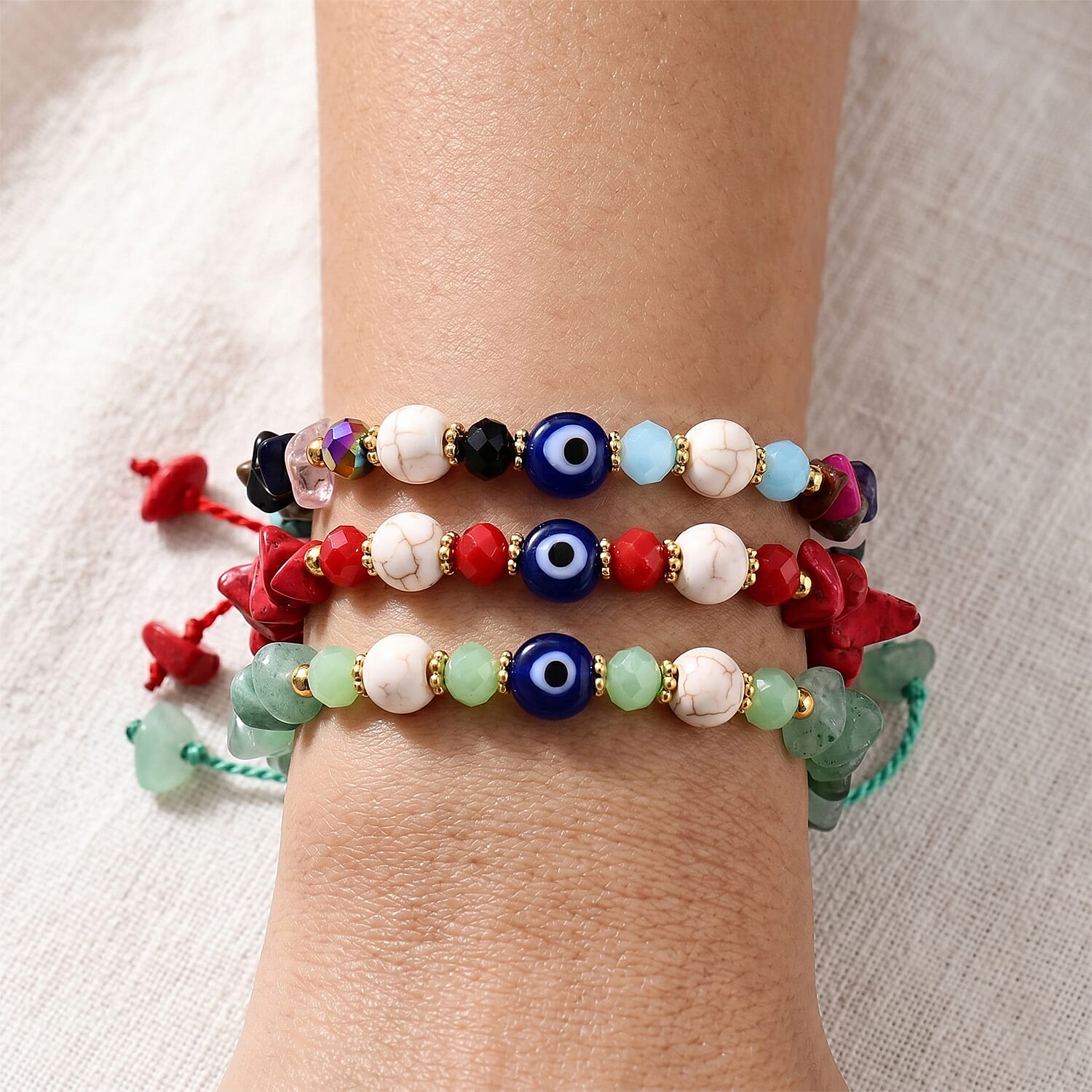 SET OF 3 - Rough Stone Adjustable Beaded Bracelet with Evil Eye Charm