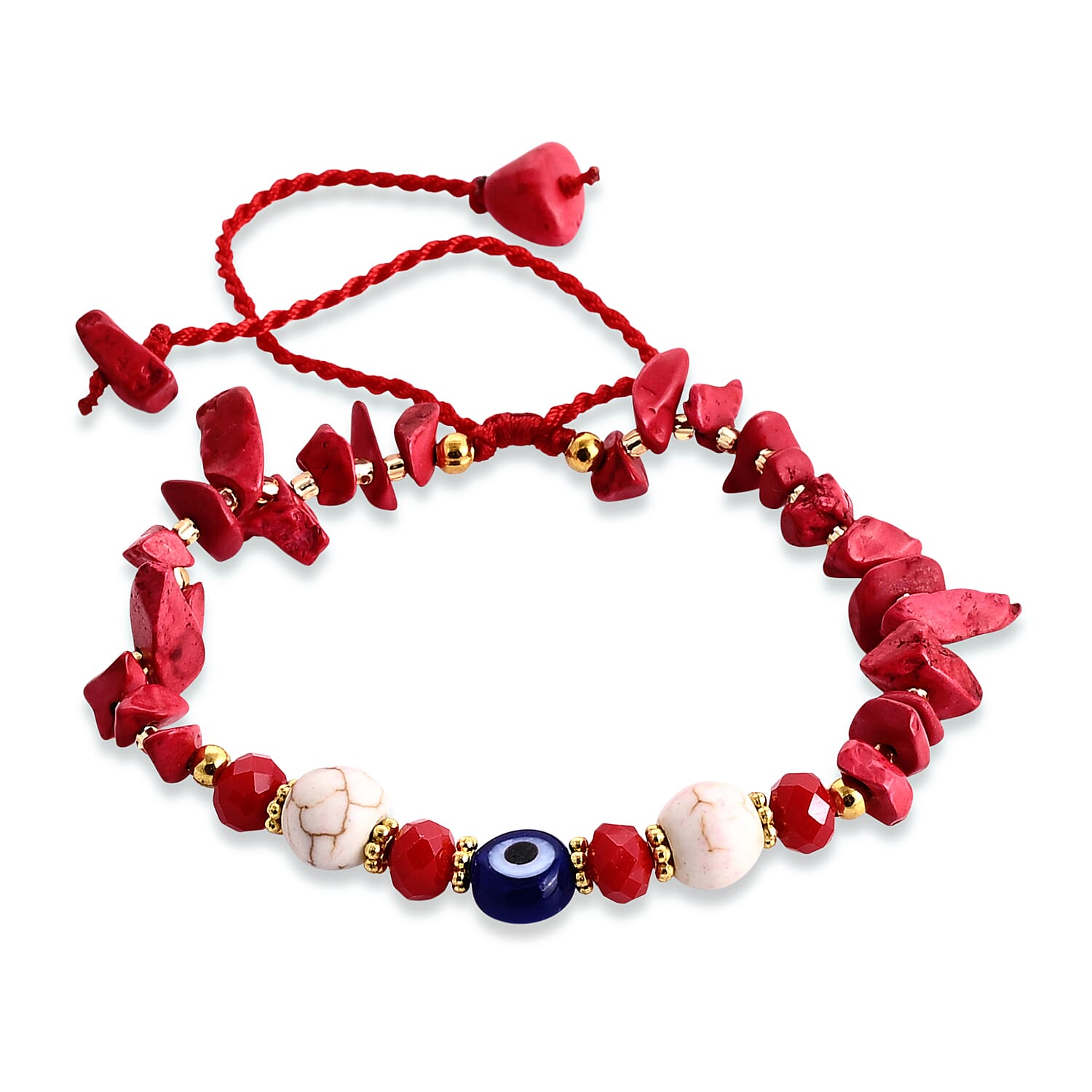 SET OF 3 - Rough Stone Adjustable Beaded Bracelet with Evil Eye Charm