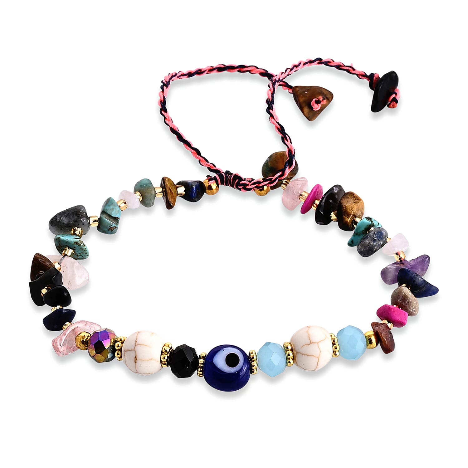 SET OF 3 - Rough Stone Adjustable Beaded Bracelet with Evil Eye Charm