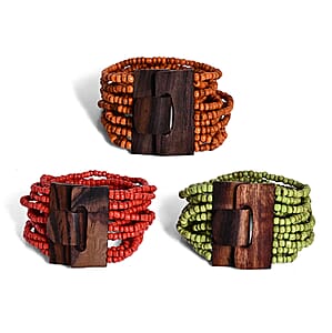 Set of 3 - Multi Strand Seed Bead Bracelet with Wooden Claps