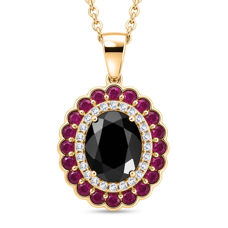 EverTrue Thai Black Spinel 4.65 ctw Midnight Royal Elegance Pendant with Fissure-Filled Ruby & White Zircon Accents in 18K YG Plated with Stainless Steel Necklace 20 Inches