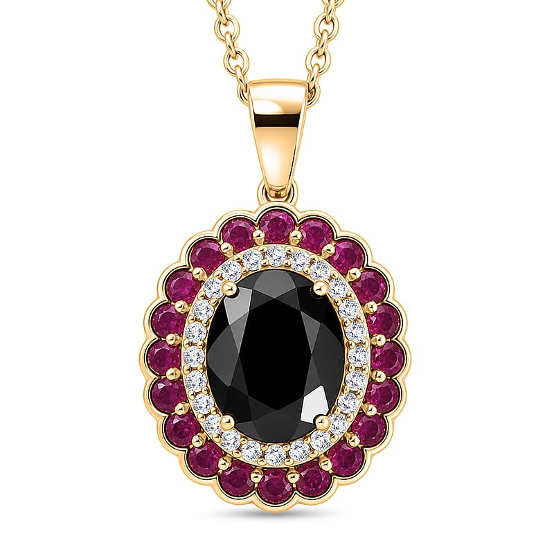 EverTrue Thai Black Spinel 4.65 ctw Midnight Royal Elegance Pendant with Fissure-Filled Ruby & White Zircon Accents in 18K YG Plated with Stainless Steel Necklace 20 Inches
