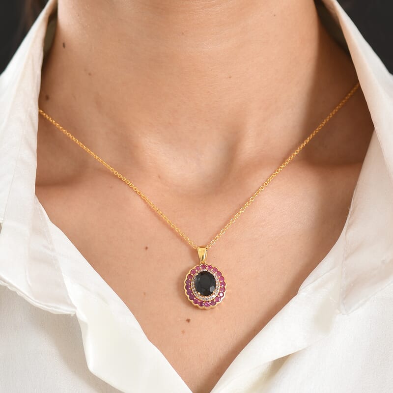 EverTrue Thai Black Spinel 4.65 ctw Midnight Royal Elegance Pendant with Fissure-Filled Ruby & White Zircon Accents in 18K YG Plated with Stainless Steel Necklace 20 Inches