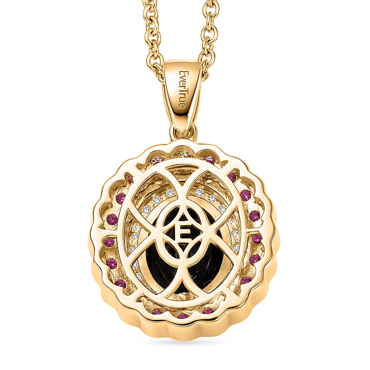 EverTrue Thai Black Spinel 4.65 ctw Midnight Royal Elegance Pendant with Fissure-Filled Ruby & White Zircon Accents in 18K YG Plated with Stainless Steel Necklace 20 Inches