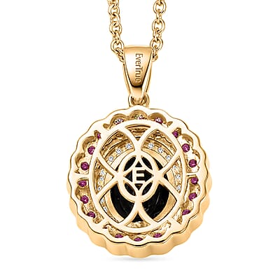 EverTrue Thai Black Spinel 4.65 ctw Midnight Royal Elegance Pendant with Fissure-Filled Ruby & White Zircon Accents in 18K YG Plated with Stainless Steel Necklace 20 Inches