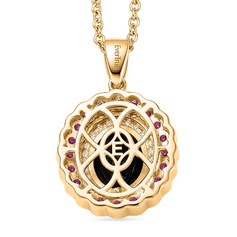 EverTrue Thai Black Spinel 4.65 ctw Midnight Royal Elegance Pendant with Fissure-Filled Ruby & White Zircon Accents in 18K YG Plated with Stainless Steel Necklace 20 Inches
