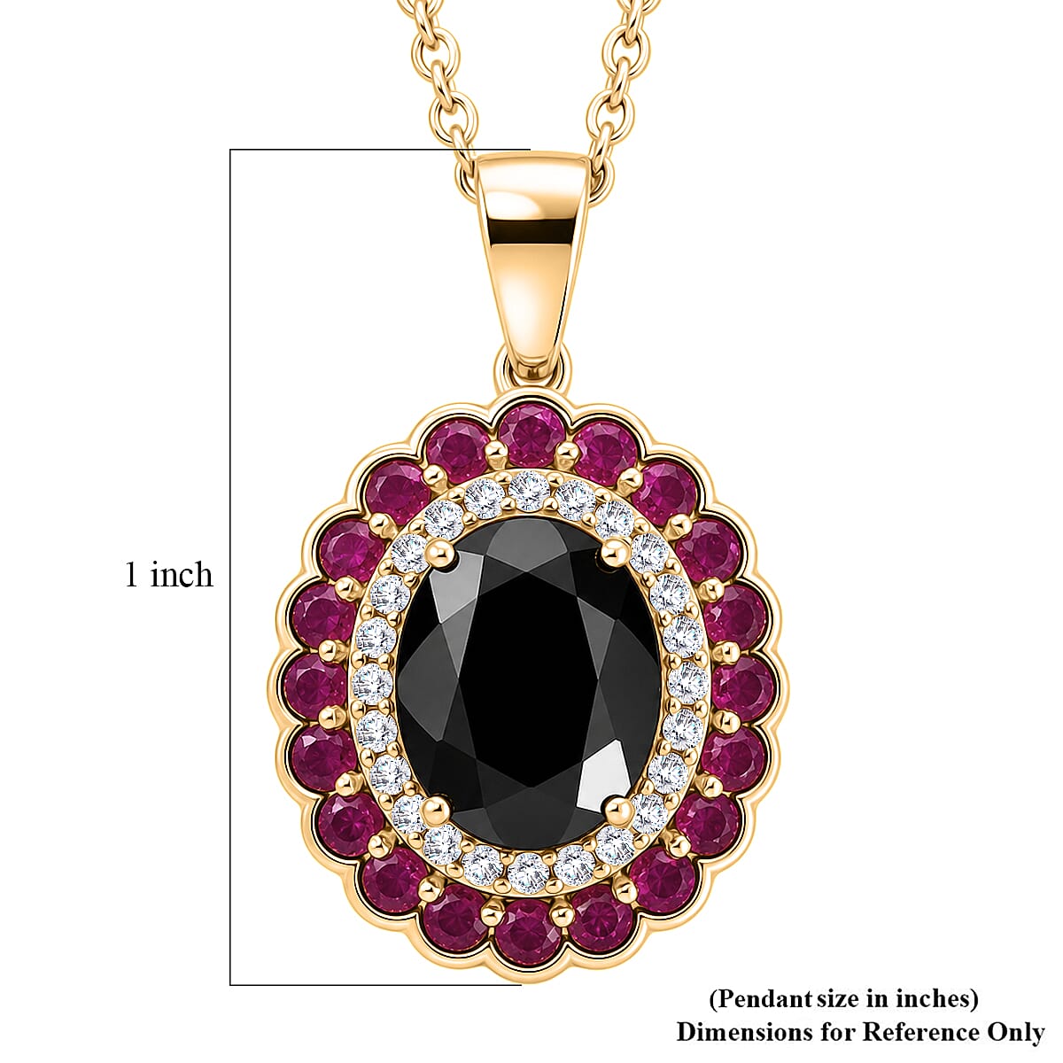 EverTrue Thai Black Spinel 4.65 ctw Midnight Royal Elegance Pendant with Fissure-Filled Ruby & White Zircon Accents in 18K YG Plated with Stainless Steel Necklace 20 Inches image number 5