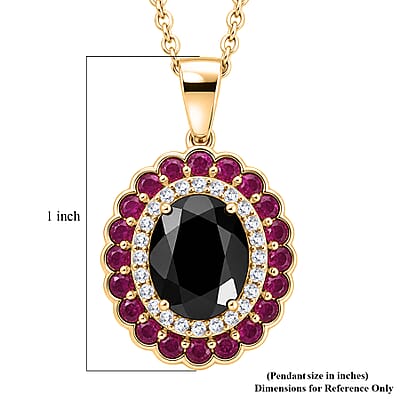 EverTrue Thai Black Spinel 4.65 ctw Midnight Royal Elegance Pendant with Fissure-Filled Ruby & White Zircon Accents in 18K YG Plated with Stainless Steel Necklace 20 Inches