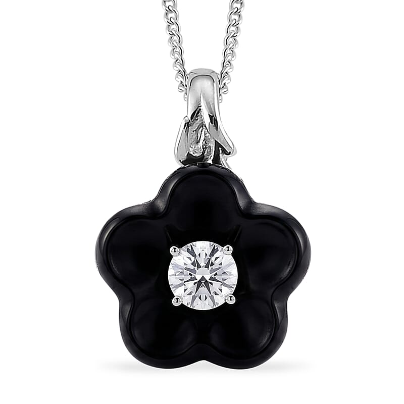D'Joy Moissanite and Black Jade (D) 8.40 ctw Carved Midnight Bloom Spark Pendant Necklace in Rhodium Over Sterling Silver (18 Inches)