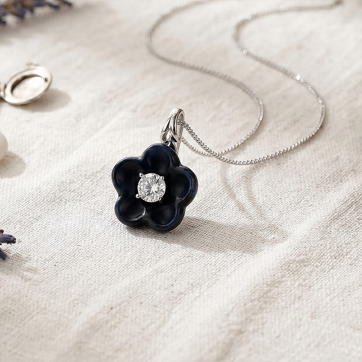 D'Joy Moissanite and Black Jade (D) 8.40 ctw Carved Midnight Bloom Spark Pendant Necklace in Rhodium Over Sterling Silver (18 Inches) image number 1
