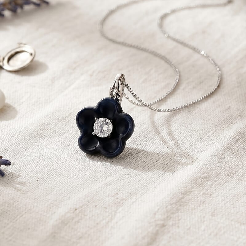 D'Joy Moissanite and Black Jade (D) 8.40 ctw Carved Midnight Bloom Spark Pendant Necklace in Rhodium Over Sterling Silver (18 Inches)