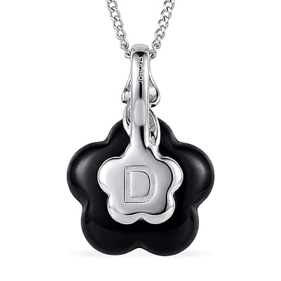 D'Joy Moissanite and Black Jade (D) 8.40 ctw Carved Midnight Bloom Spark Pendant Necklace in Rhodium Over Sterling Silver (18 Inches)