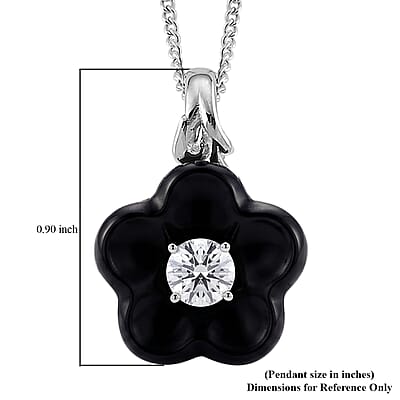 D'Joy Moissanite and Black Jade (D) 8.40 ctw Carved Midnight Bloom Spark Pendant Necklace in Rhodium Over Sterling Silver (18 Inches)