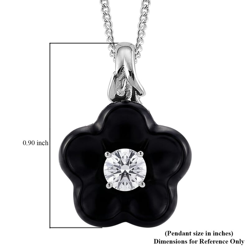 D'Joy Moissanite and Black Jade (D) 8.40 ctw Carved Midnight Bloom Spark Pendant Necklace in Rhodium Over Sterling Silver (18 Inches)