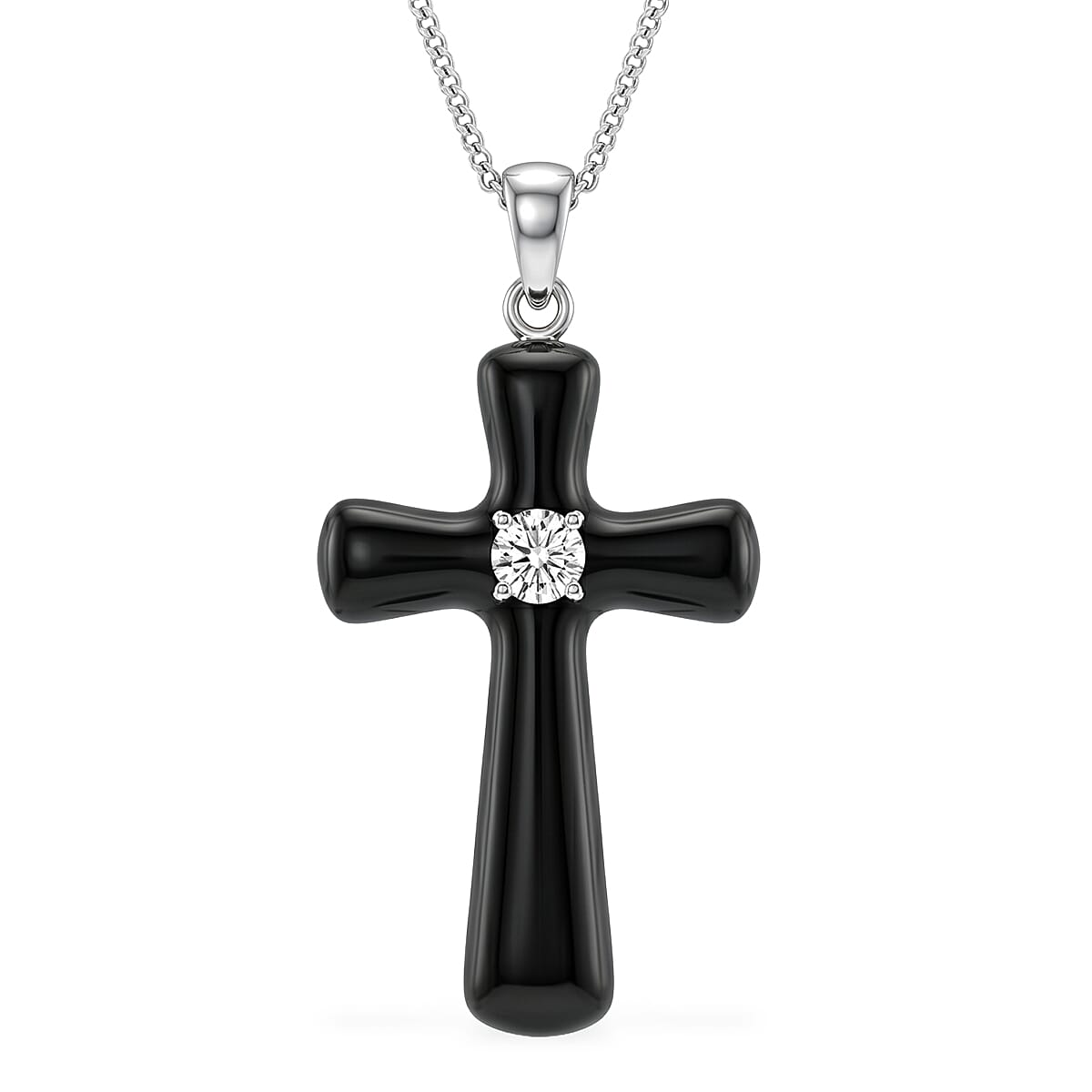 D'Joy Moissanite and Black Jade (D) 18.00 ctw Midnight Spark Cross Pendant Necklace in Rhodium Over Sterling Silver (18 Inches)