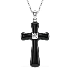 D'Joy Moissanite and Black Jade (D) 18.00 ctw Midnight Spark Cross Pendant Necklace in Rhodium Over Sterling Silver (18 Inches)