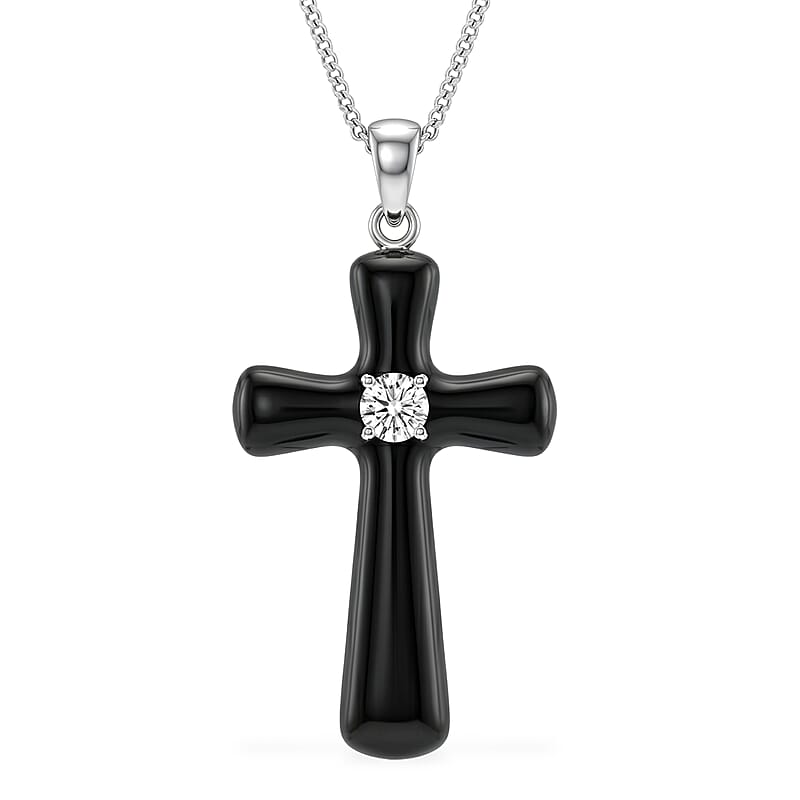 D'Joy Moissanite and Black Jade (D) 18.00 ctw Midnight Spark Cross Pendant Necklace in Rhodium Over Sterling Silver (18 Inches)