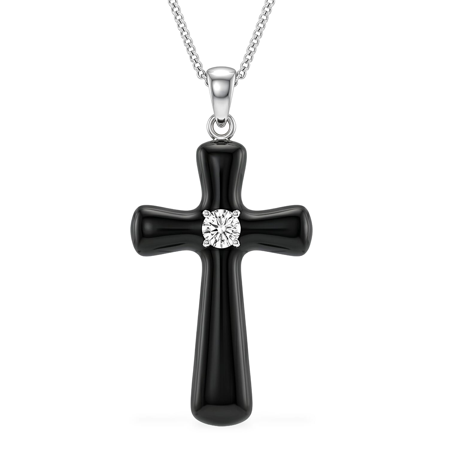 D'Joy Moissanite and Black Jade (D) 18.00 ctw Midnight Spark Cross Pendant Necklace in Rhodium Over Sterling Silver (18 Inches)