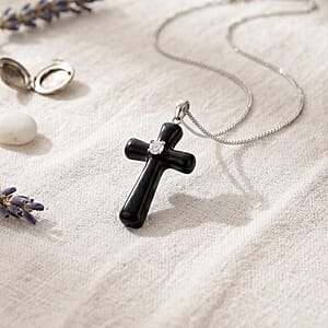 D'Joy Moissanite and Black Jade (D) 18.00 ctw Midnight Spark Cross Pendant Necklace in Rhodium Over Sterling Silver (18 Inches)