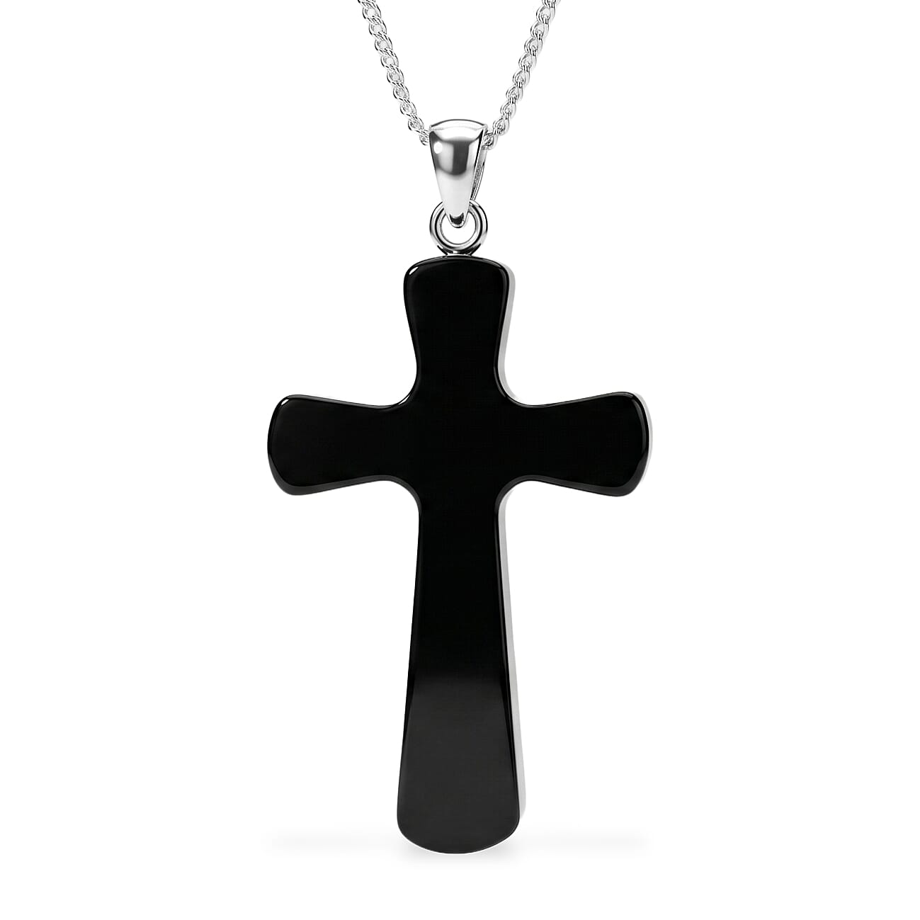 D'Joy Moissanite and Black Jade (D) 18.00 ctw Midnight Spark Cross Pendant Necklace in Rhodium Over Sterling Silver (18 Inches)