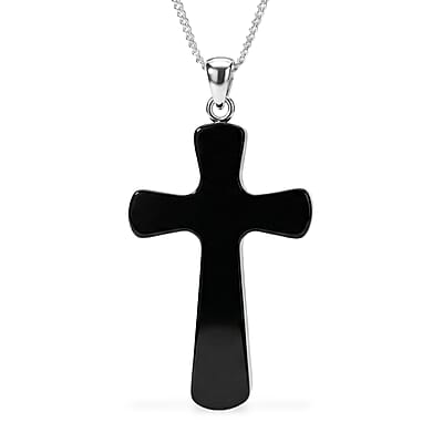 D'Joy Moissanite and Black Jade (D) 18.00 ctw Midnight Spark Cross Pendant Necklace in Rhodium Over Sterling Silver (18 Inches)