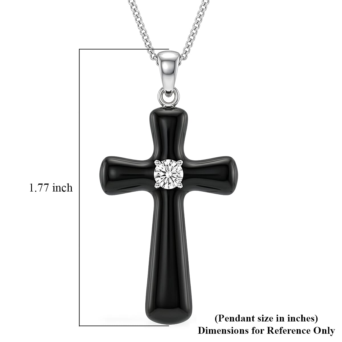 D'Joy Moissanite and Black Jade (D) 18.00 ctw Midnight Spark Cross Pendant Necklace in Rhodium Over Sterling Silver (18 Inches)