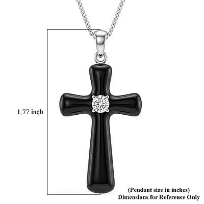 D'Joy Moissanite and Black Jade (D) 18.00 ctw Midnight Spark Cross Pendant Necklace in Rhodium Over Sterling Silver (18 Inches)