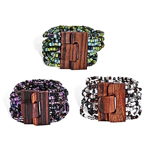 Set of 3 - Multi Strand Seed Bead Bracelet with Wooden Claps