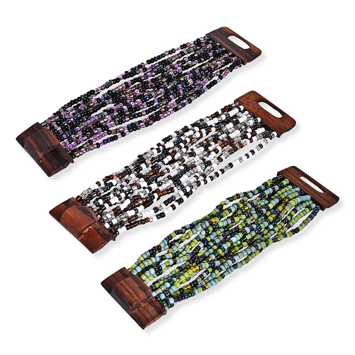 Set of 3 - Multi Strand Seed Bead Bracelet with Wooden Claps image number 5