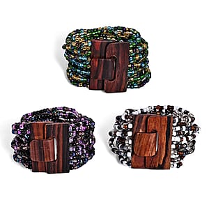 Set of 3 - Multi Strand Seed Bead Bracelet with Wooden Claps