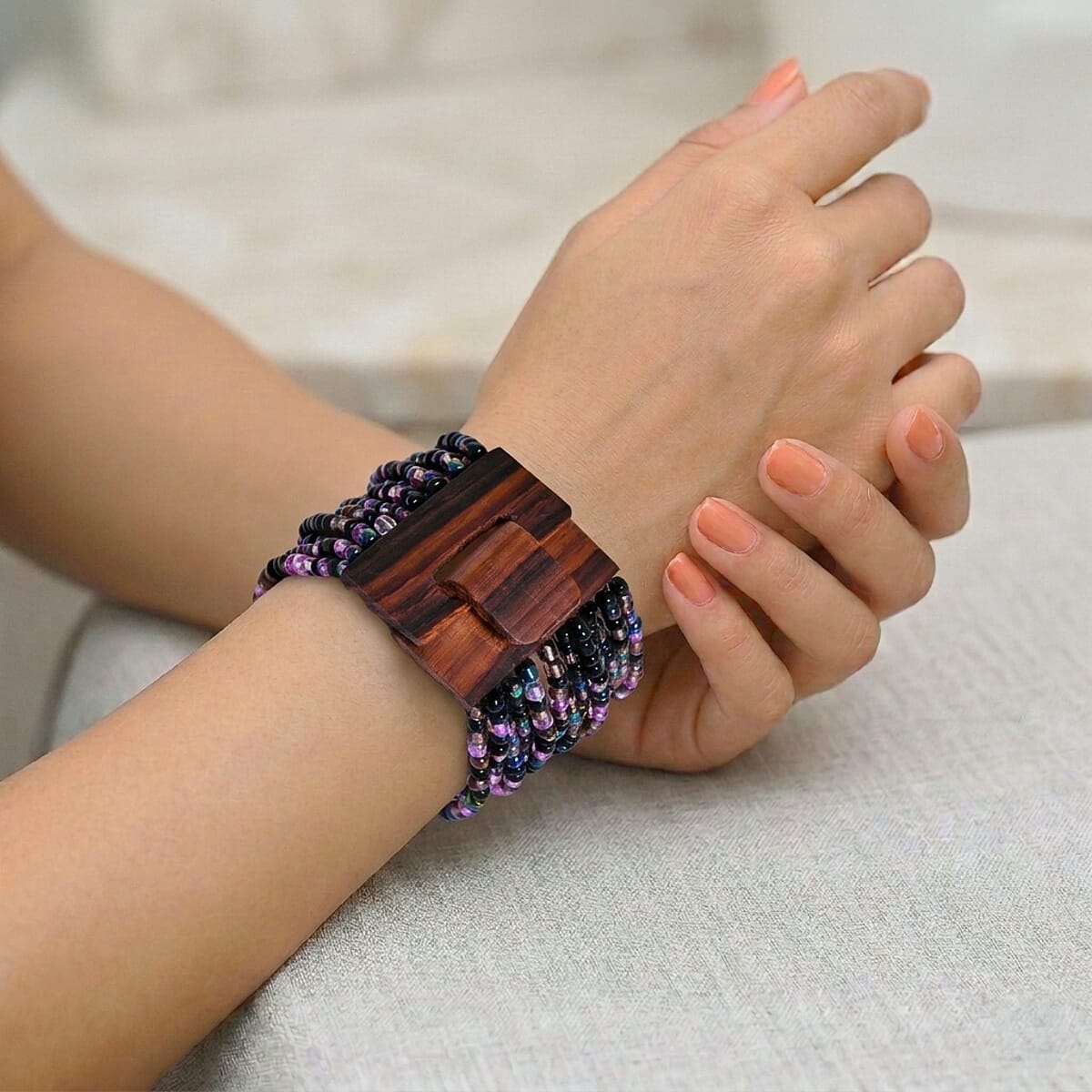 Set of 3 - Multi Strand Seed Bead Bracelet with Wooden Claps image number 2