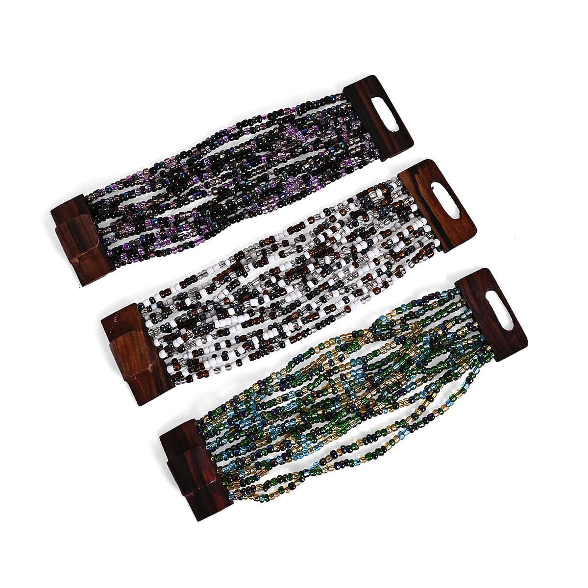 Set of 3 - Multi Strand Seed Bead Bracelet with Wooden Claps image number 5