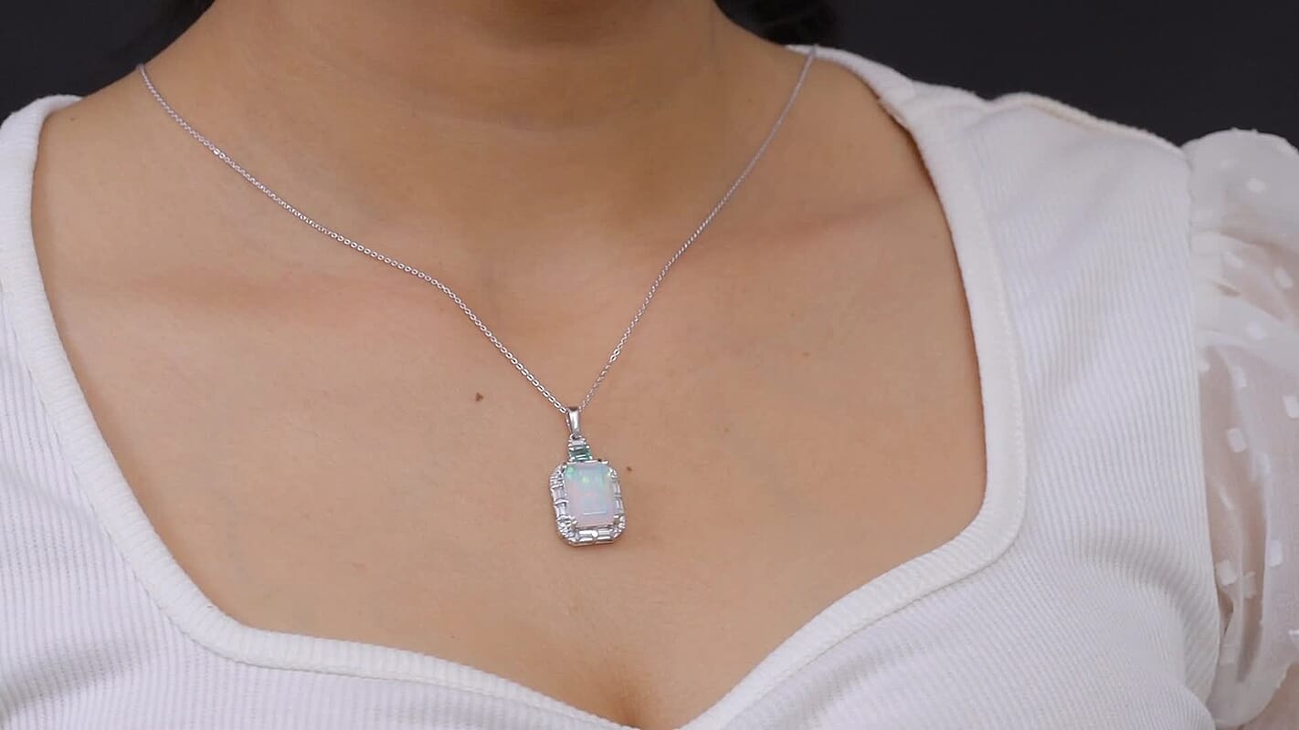 D'Joy AAA Ethiopian Welo Opal, Multi Gemstone Architect Muse Pendant Necklace (20 Inches) in Rhodium Over Sterling Silver 6.40 ctw