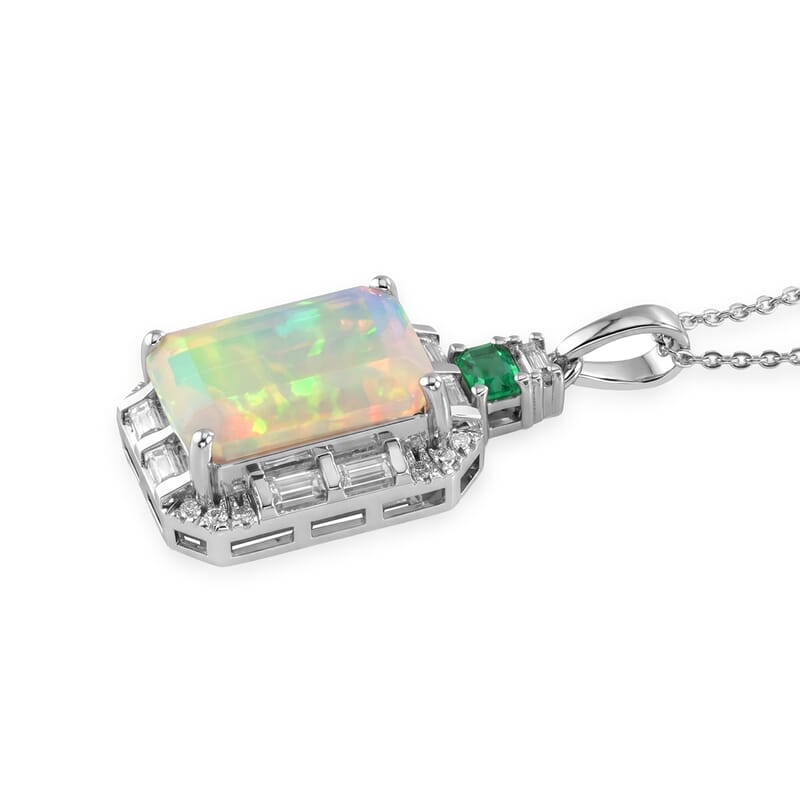 D'Joy AAA Ethiopian Welo Opal and Multi Gemstone 6.40 ctw Architect Muse Pendant Necklace in Rhodium Over Sterling Silver 20 Inches