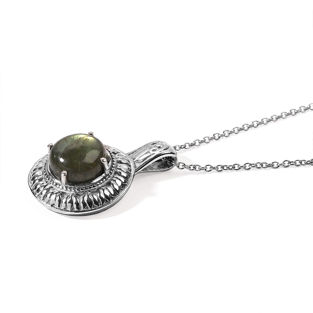 EverTrue Malagasy Labradorite 7.60 ctw Pendant Necklace in Stainless Steel 20 Inches