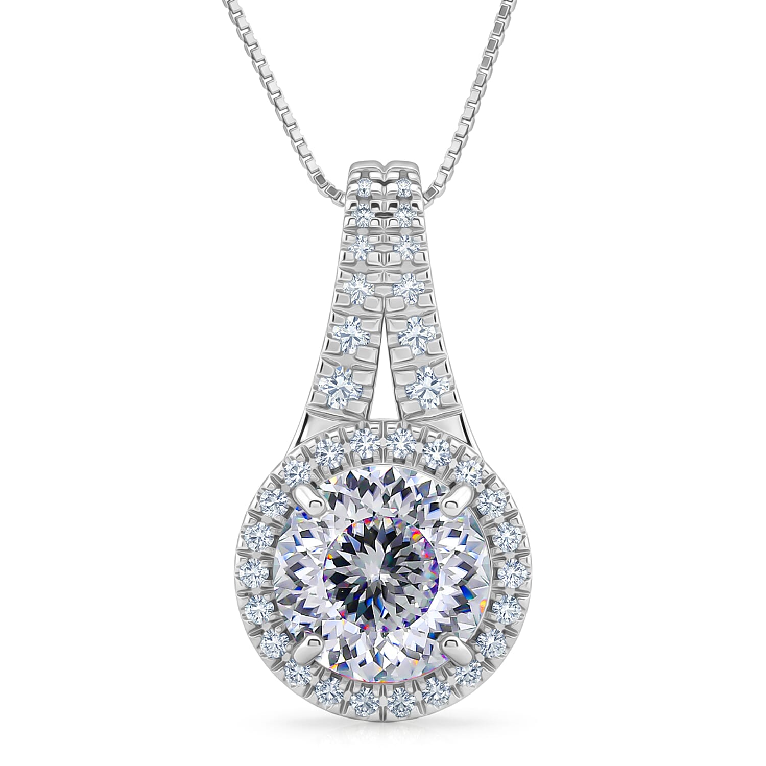 D'Joy 161 Facets Portuguese Cut Moissanite 2.75 ctw Eternal Sparkle Classic Halo Pendant Necklace in Rhodium Over Sterling Silve