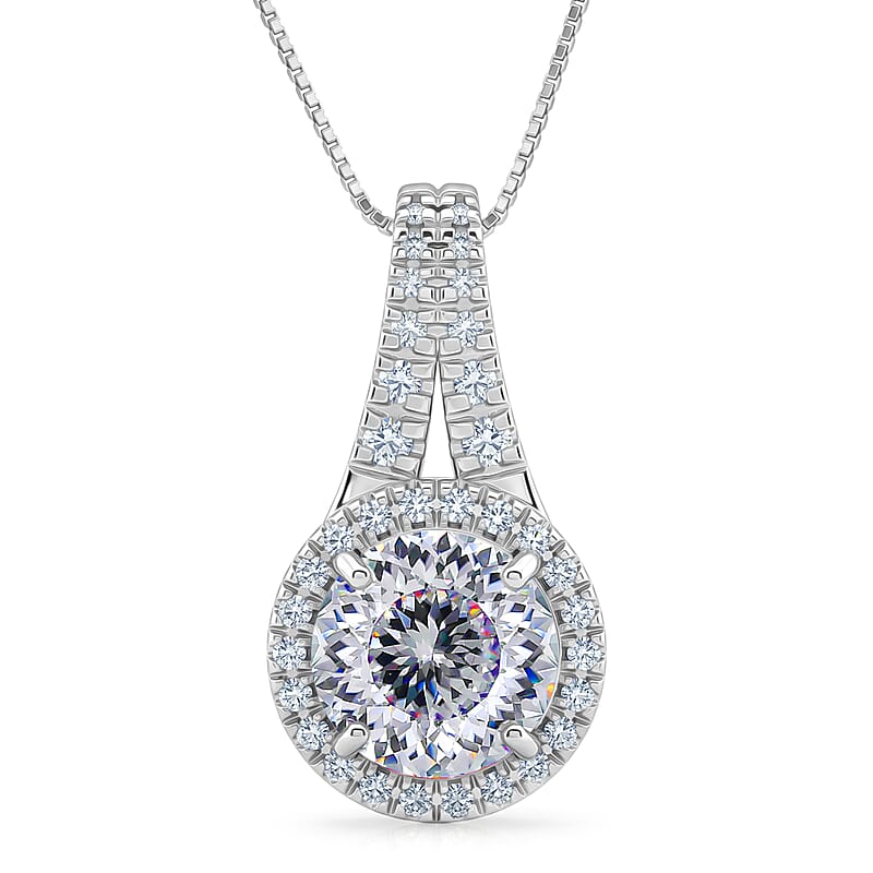 D'Joy 161 Facets Portuguese Cut Moissanite 2.75 ctw Eternal Sparkle Classic Halo Pendant Necklace in Rhodium Over Sterling Silver 18 Inches